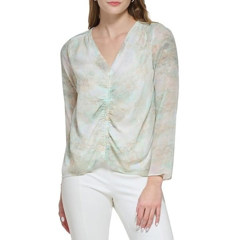 New Calvin Klein size XL Tie Dye Ruched Front Feminine‎ Business Casual Blouse